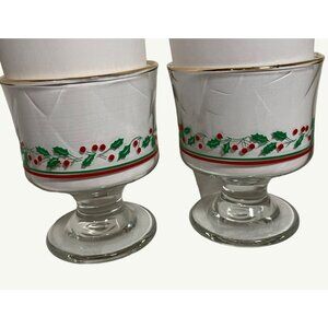 Vintage Holiday Holly & Berry Glass Pedestal Dessert Dishes Set Of 2